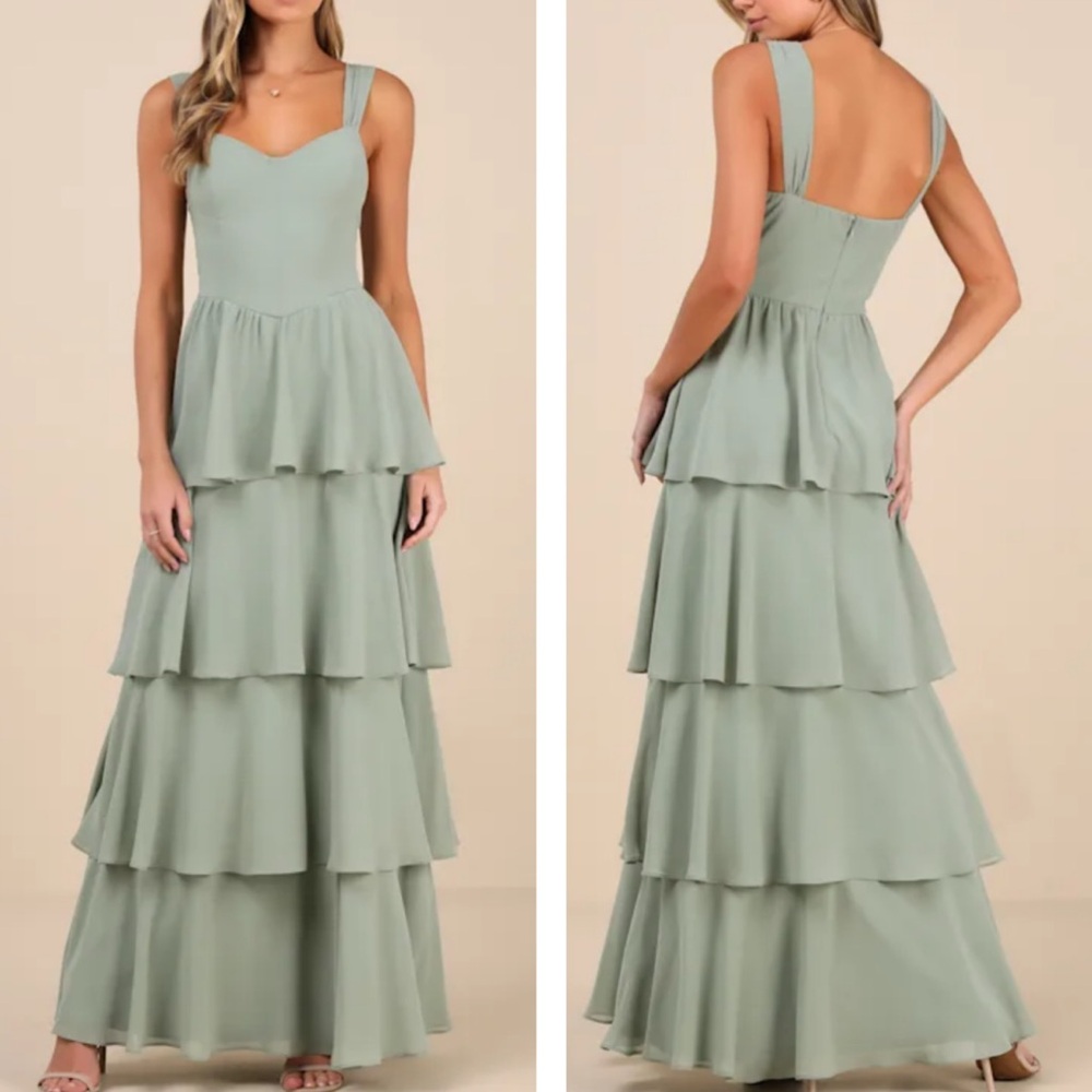 Lulus Carlynda Sage Brush Green Tiered Bustier Maxi Dress XS New with Tags